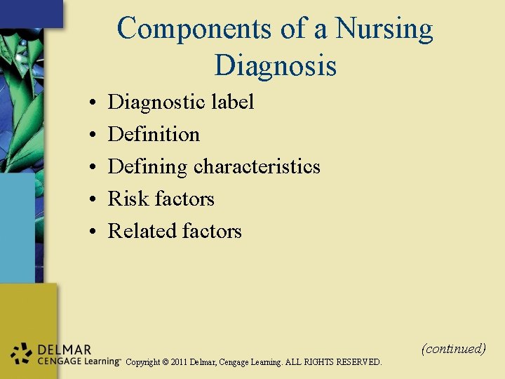 Components of a Nursing Diagnosis • • • Diagnostic label Definition Defining characteristics Risk