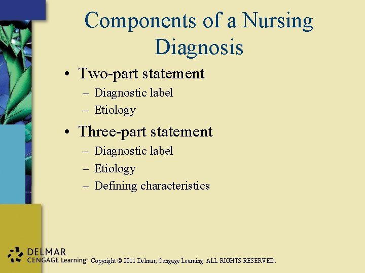 Components of a Nursing Diagnosis • Two-part statement – Diagnostic label – Etiology •