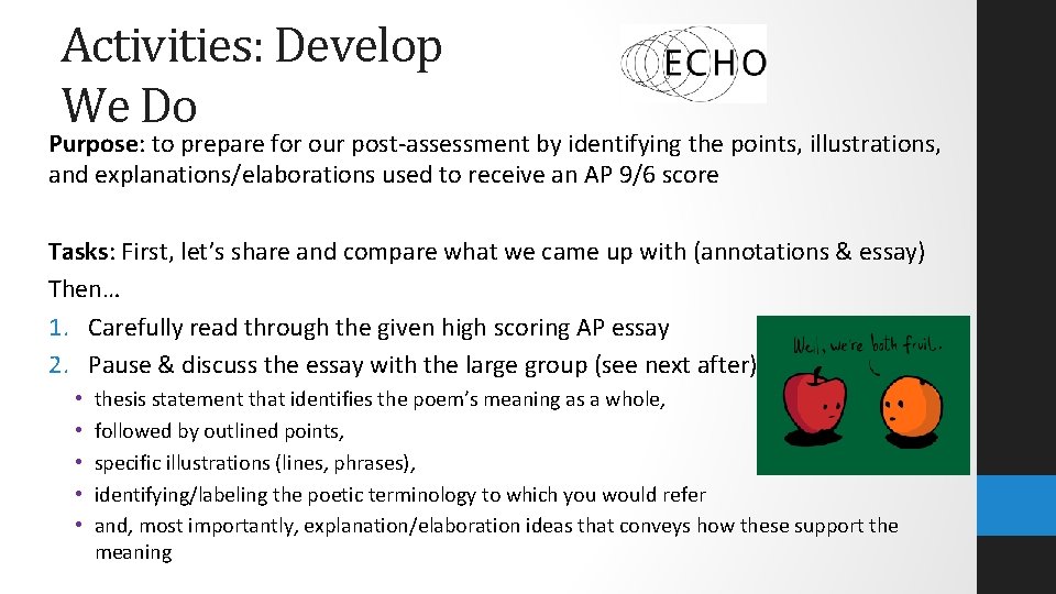 Activities: Develop We Do Purpose: to prepare for our post-assessment by identifying the points,