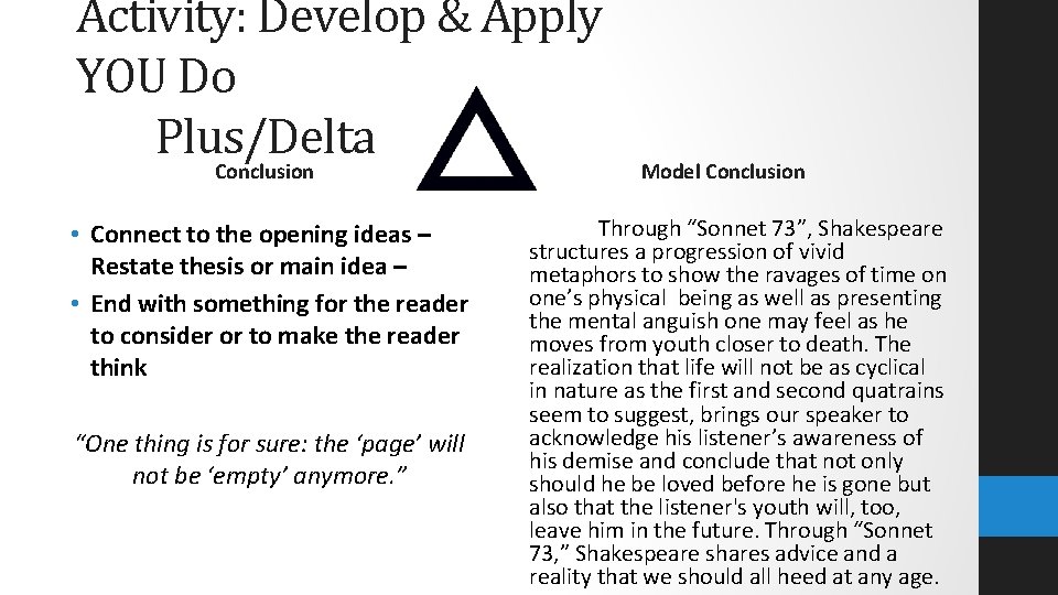Activity: Develop & Apply YOU Do Plus/Delta Conclusion • Connect to the opening ideas