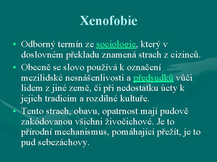 Xenofobie • Odborný termín ze sociologie, který v doslovném překladu znamená strach z cizinců.