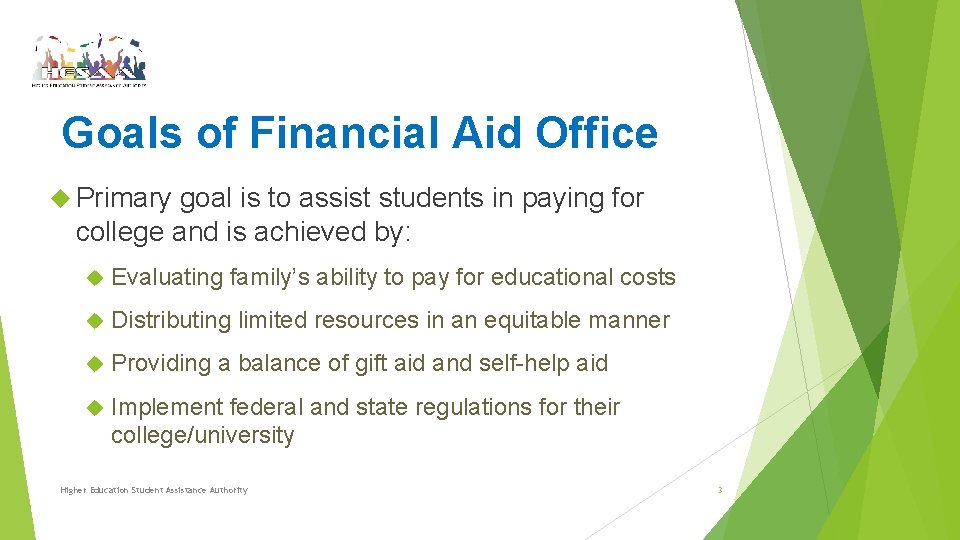 Goals of Financial Aid Office Primary goal is to assist students in paying for