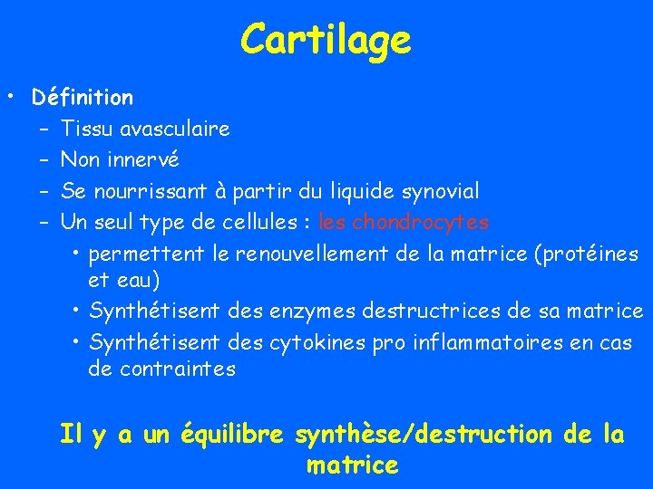 Cartilage • Définition – Tissu avasculaire – Non innervé – Se nourrissant à partir