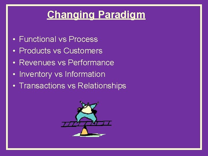 Changing Paradigm • • • Functional vs Process Products vs Customers Revenues vs Performance