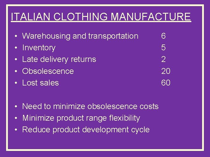 ITALIAN CLOTHING MANUFACTURE • • • Warehousing and transportation Inventory Late delivery returns Obsolescence