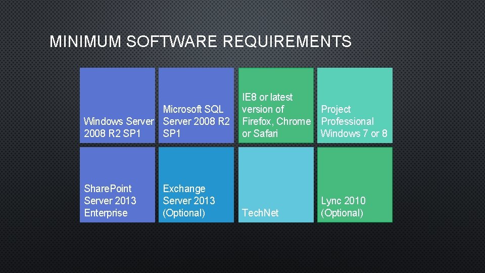 MINIMUM SOFTWARE REQUIREMENTS Microsoft SQL Windows Server 2008 R 2 SP 1 Share. Point
