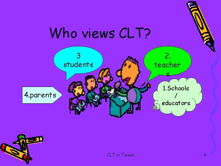 Who views CLT? 3 students 2. teacher s 1. Schools / educators 4. parents