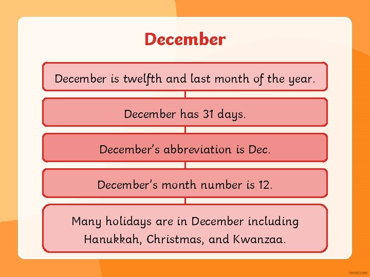 December is twelfth and last month of the year. December has 31 days. December’s