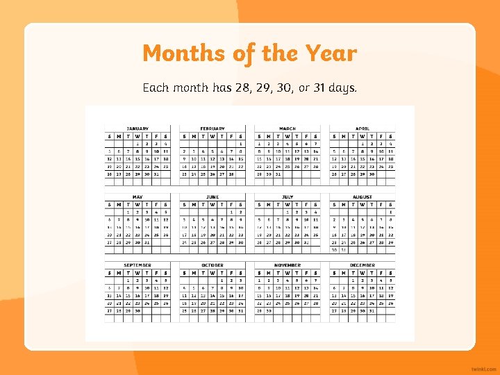 Months of the Year Each month has 28, 29, 30, or 31 days. 