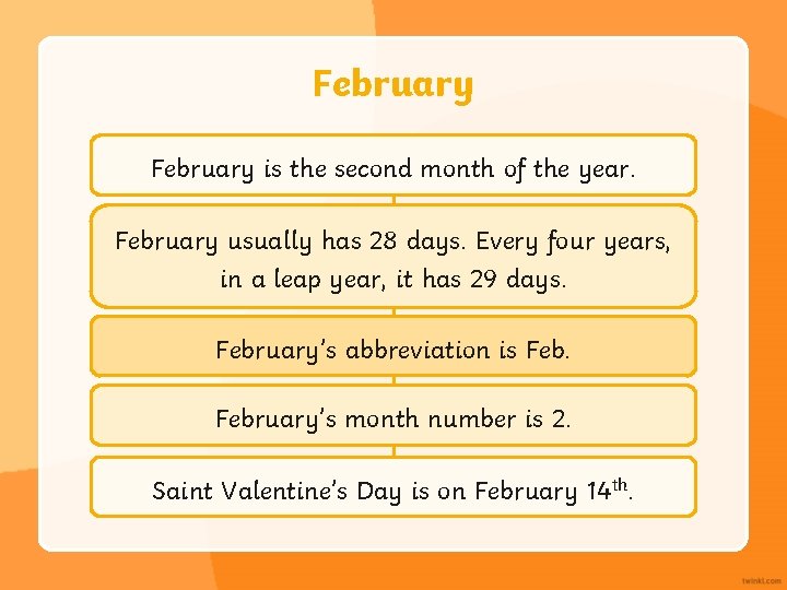February is the second month of the year. February usually has 28 days. Every