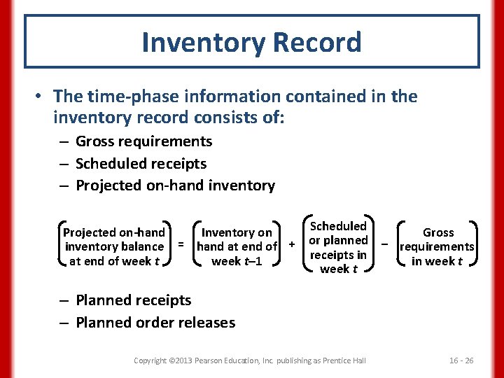 Inventory Record • The time-phase information contained in the inventory record consists of: –