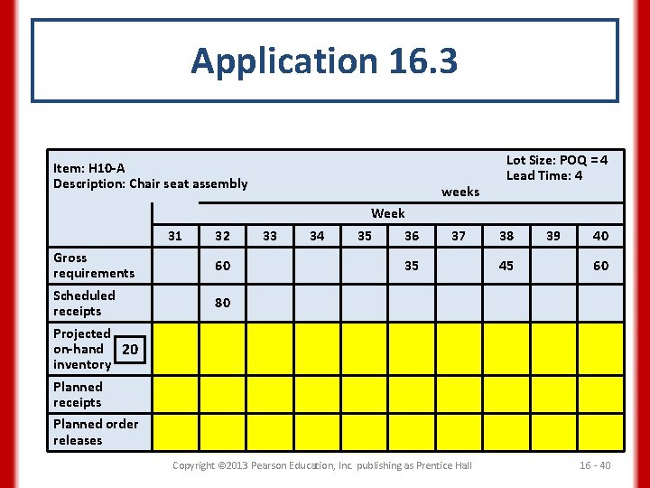 Application 16. 3 Item: H 10 -A Description: Chair seat assembly weeks Lot Size: