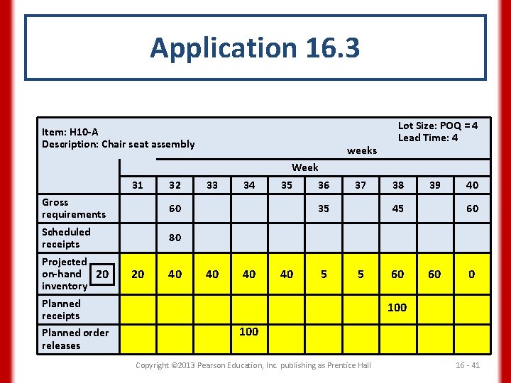 Application 16. 3 Item: H 10 -A Description: Chair seat assembly weeks Lot Size: