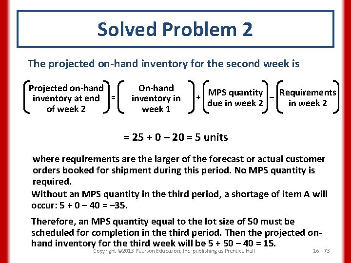 Solved Problem 2 The projected on-hand inventory for the second week is Projected on-hand