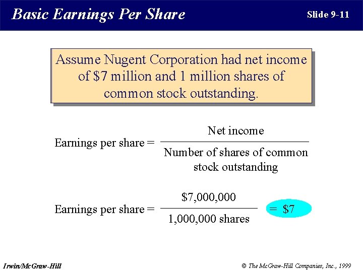 Basic Earnings Per Share Slide 9 -11 Assume Basic earnings Nugentper Corporation share is