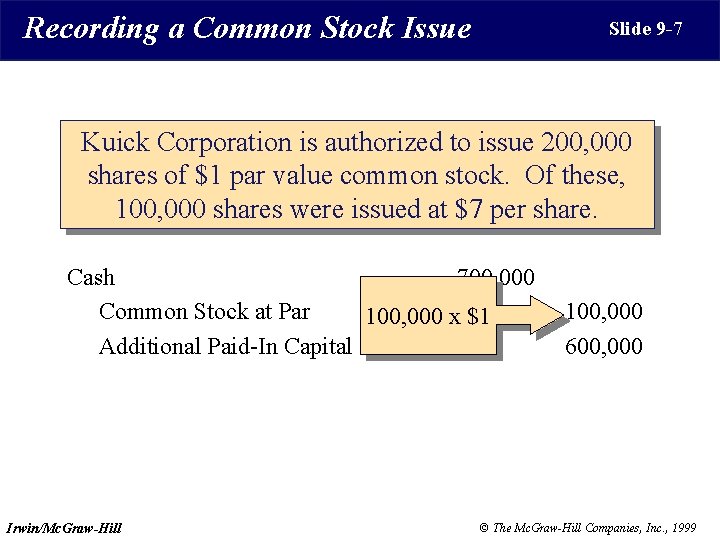 Recording a Common Stock Issue Slide 9 -7 Kuick Corporation is authorized to issue