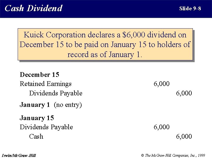 Cash Dividend Slide 9 -8 Kuick Corporation declares a $6, 000 dividend on December