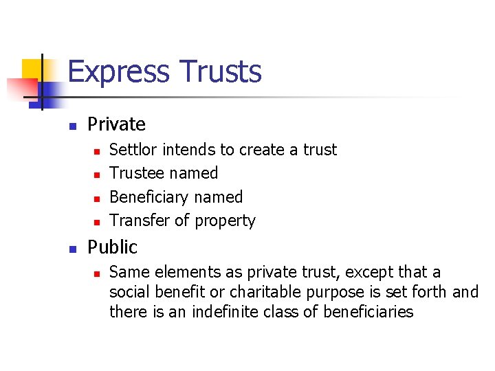 Express Trusts n Private n n n Settlor intends to create a trust Trustee