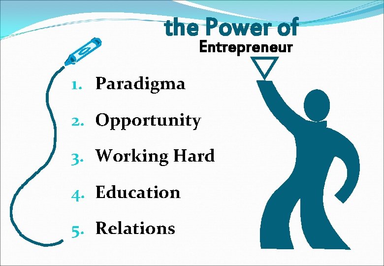 the Power of Entrepreneur 1. Paradigma 2. Opportunity 3. Working Hard 4. Education 5.