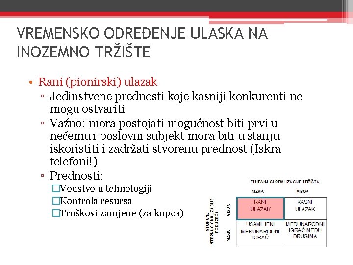 VREMENSKO ODREĐENJE ULASKA NA INOZEMNO TRŽIŠTE • Rani (pionirski) ulazak ▫ Jedinstvene prednosti koje