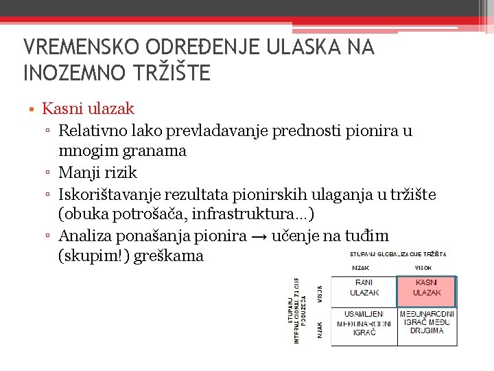 VREMENSKO ODREĐENJE ULASKA NA INOZEMNO TRŽIŠTE • Kasni ulazak ▫ Relativno lako prevladavanje prednosti