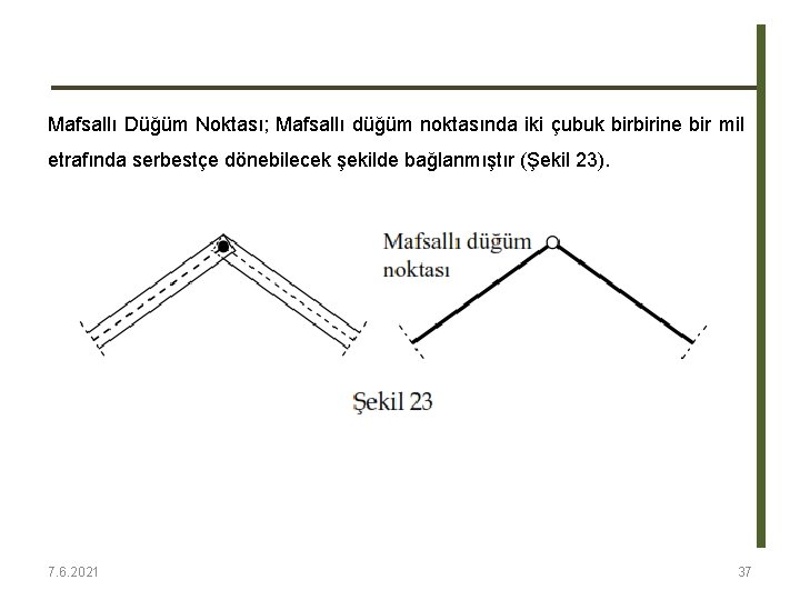 Mafsallı Düğüm Noktası; Mafsallı düğüm noktasında iki çubuk birbirine bir mil etrafında serbestçe dönebilecek Mafsallı Düğüm Noktası; Mafsallı düğüm noktasında iki çubuk birbirine bir mil etrafında serbestçe dönebilecek