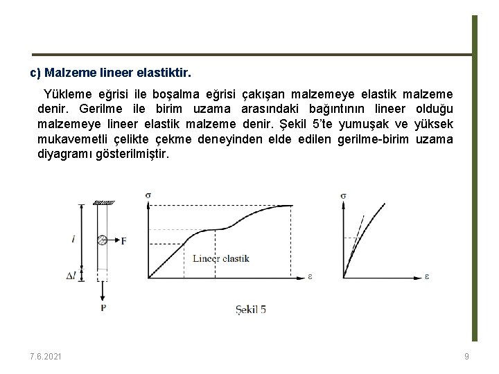 c) Malzeme lineer elastiktir. Yükleme eğrisi ile boşalma eğrisi çakışan malzemeye elastik malzeme denir. c) Malzeme lineer elastiktir. Yükleme eğrisi ile boşalma eğrisi çakışan malzemeye elastik malzeme denir.