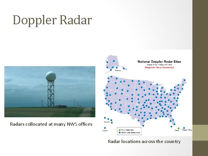Doppler Radars collocated at many NWS offices Radar locations across the country 