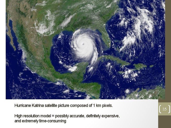 Hurricane Katrina satellite picture composed of 1 km pixels. High resolution model = possibly