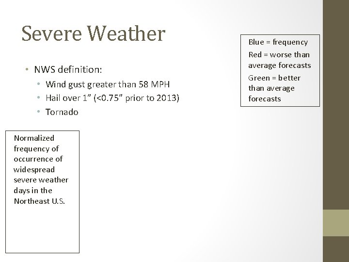 Severe Weather • NWS definition: • Wind gust greater than 58 MPH • Hail