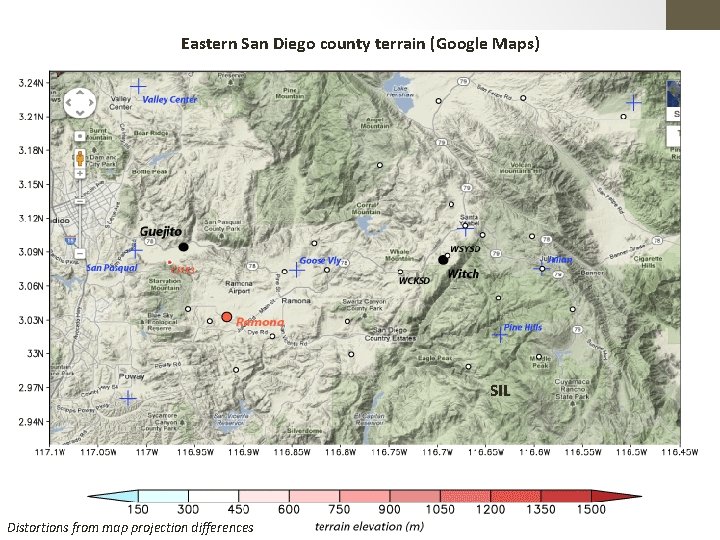 Eastern San Diego county terrain (Google Maps) SIL 46 Distortions from map projection differences