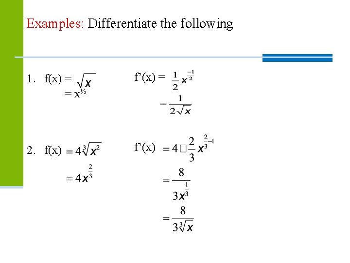 Examples: Differentiate the following 1. f(x) = = x½ f’(x) = 2. f(x) f’(x) Examples: Differentiate the following 1. f(x) = = x½ f’(x) = 2. f(x) f’(x)