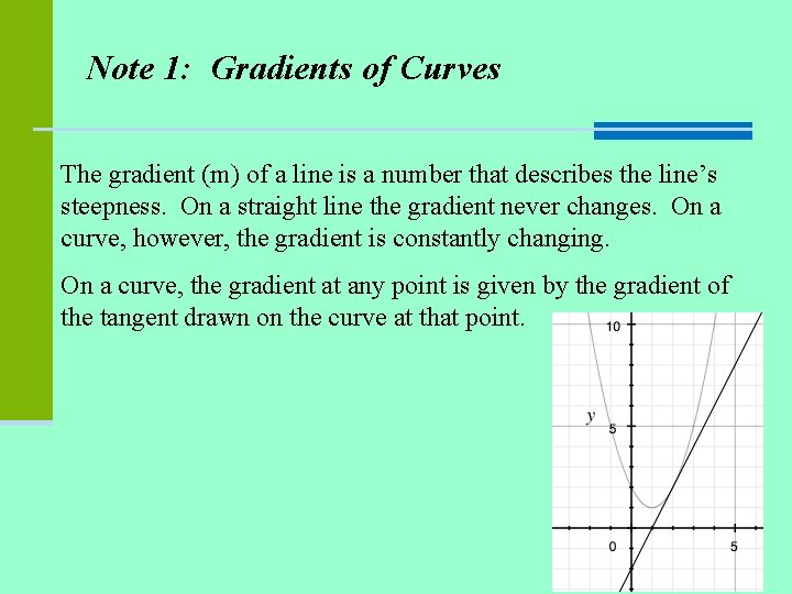 Note 1: Gradients of Curves The gradient (m) of a line is a number Note 1: Gradients of Curves The gradient (m) of a line is a number
