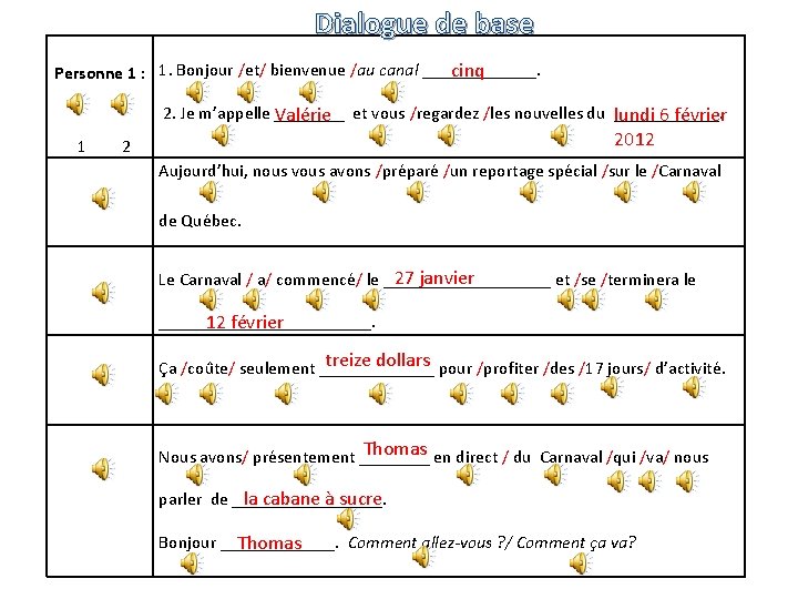 Dialogue de base cinq Personne 1 : 1. Bonjour /et/ bienvenue /au canal _______.