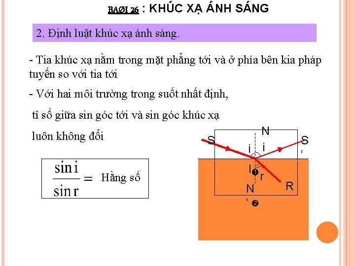 BAØI 26 : KHÚC XẠ ÁNH SÁNG 2. Định luật khúc xạ ánh sáng.