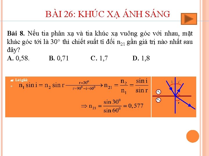 BÀI 26: KHÚC XẠ ÁNH SÁNG Bài 8. Nếu tia phản xạ và tia