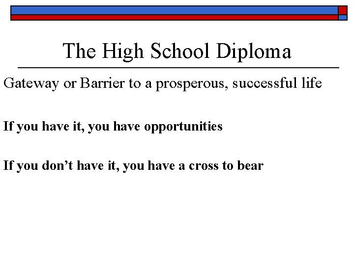 The High School Diploma Gateway or Barrier to a prosperous, successful life If you