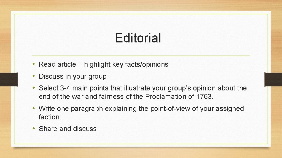 Editorial • Read article – highlight key facts/opinions • Discuss in your group • Editorial • Read article – highlight key facts/opinions • Discuss in your group •