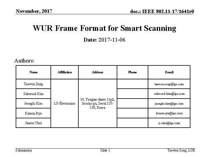 November, 2017 doc. : IEEE 802. 11 -17/1641 r 0 WUR Frame Format for