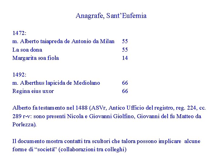 Anagrafe, Sant’Eufemia 1472: m. Alberto taiapreda de Antonio da Milan La soa dona Margarita