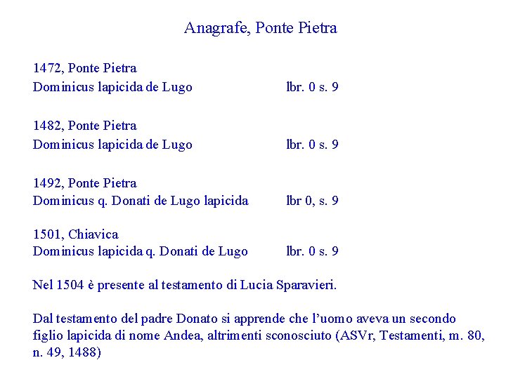 Anagrafe, Ponte Pietra 1472, Ponte Pietra Dominicus lapicida de Lugo lbr. 0 s. 9