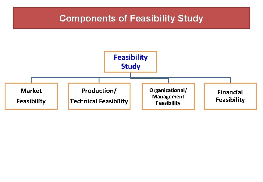 Components of Feasibility Study Market Feasibility Production/ Technical Feasibility Organizational/ Management Feasibility Financial Feasibility