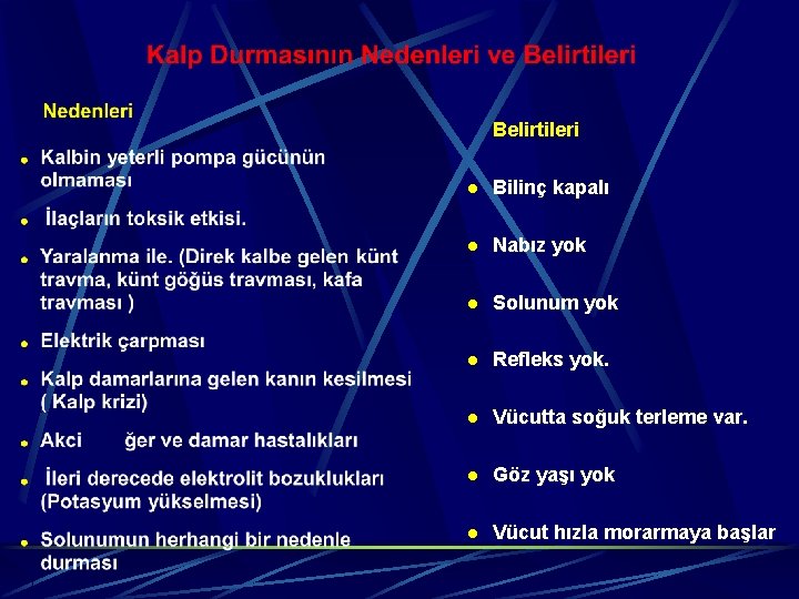 Belirtileri l Bilinç kapalı l Nabız yok l Solunum yok l Refleks yok. l