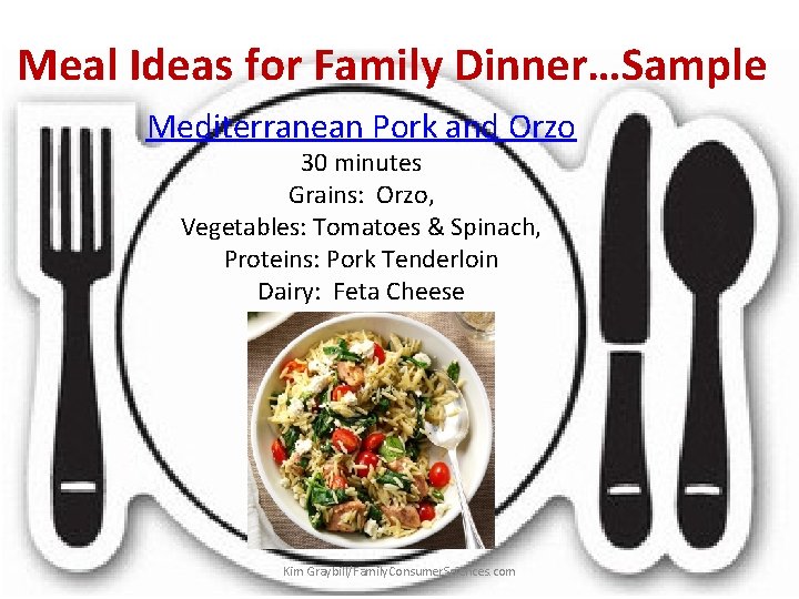 Meal Ideas for Family Dinner…Sample Mediterranean Pork and Orzo 30 minutes Grains: Orzo, Vegetables: