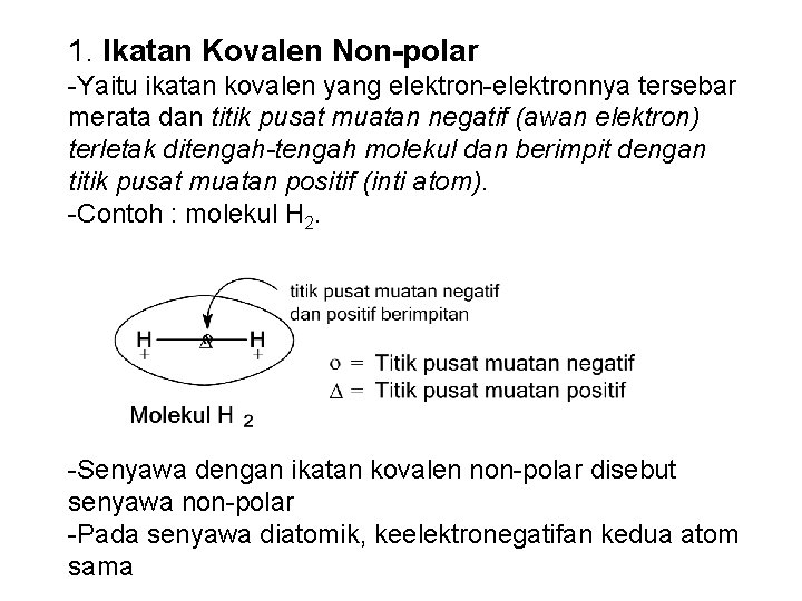 1. Ikatan Kovalen Non-polar -Yaitu ikatan kovalen yang elektron-elektronnya tersebar merata dan titik pusat