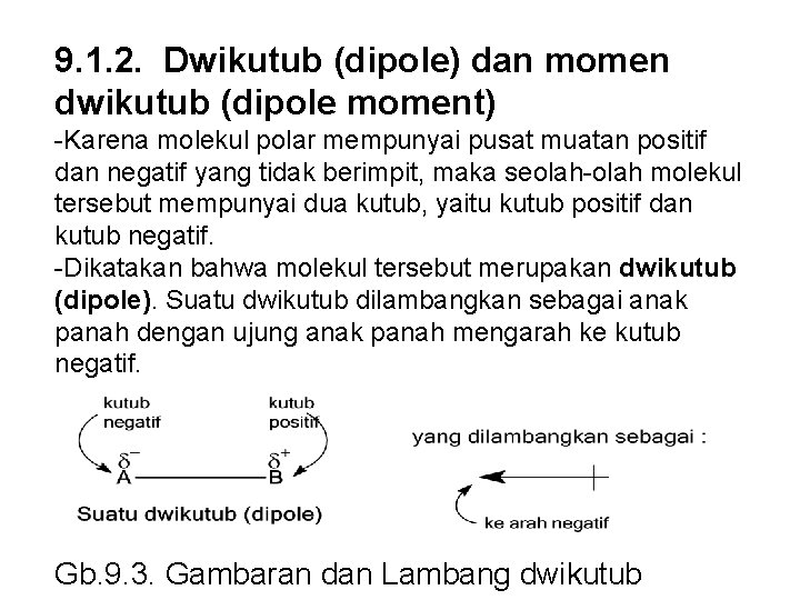 9. 1. 2. Dwikutub (dipole) dan momen dwikutub (dipole moment) -Karena molekul polar mempunyai