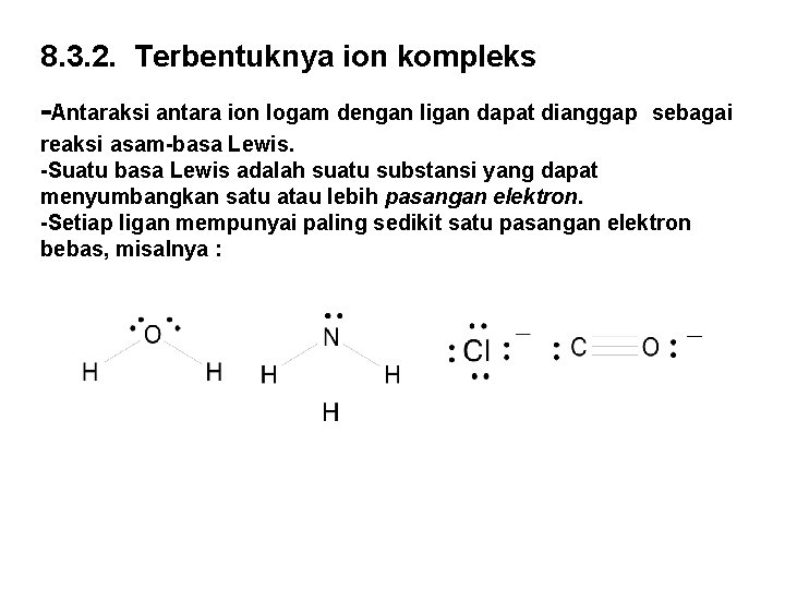 8. 3. 2. Terbentuknya ion kompleks -Antaraksi antara ion logam dengan ligan dapat dianggap