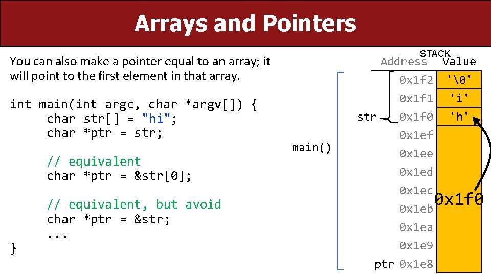 Arrays and Pointers STACK You can also make a pointer equal to an array;