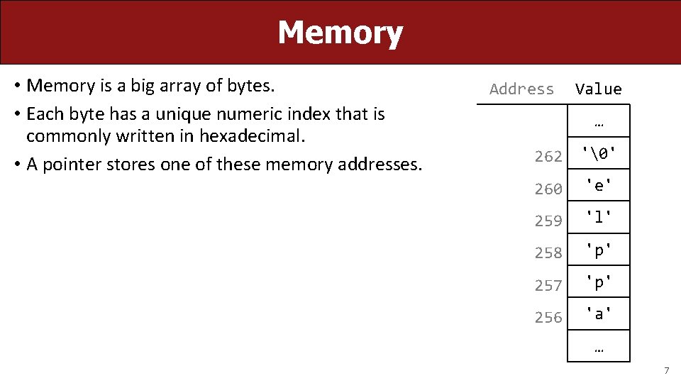 Memory • Memory is a big array of bytes. • Each byte has a