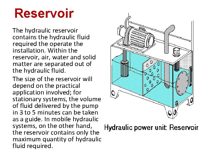 Reservoir The hydraulic reservoir contains the hydraulic fluid required the operate the installation. Within